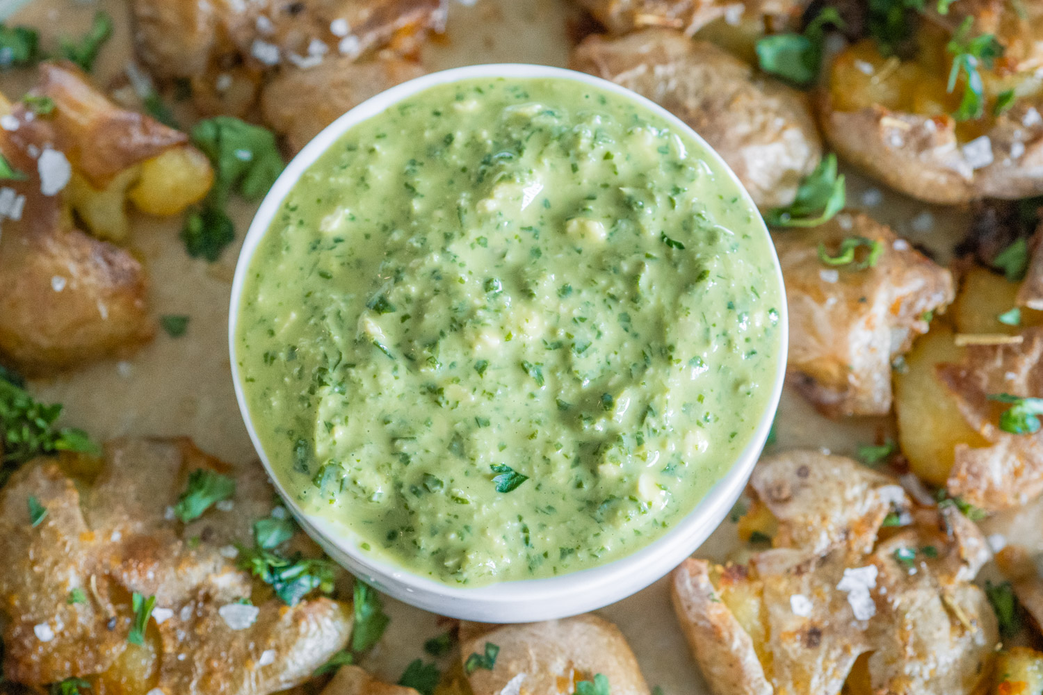 Smashed Potatoes with Pesto Aioli