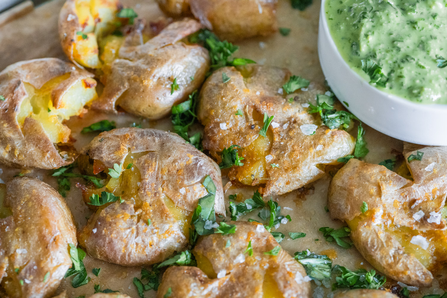 Smashed Potatoes with Pesto Aioli