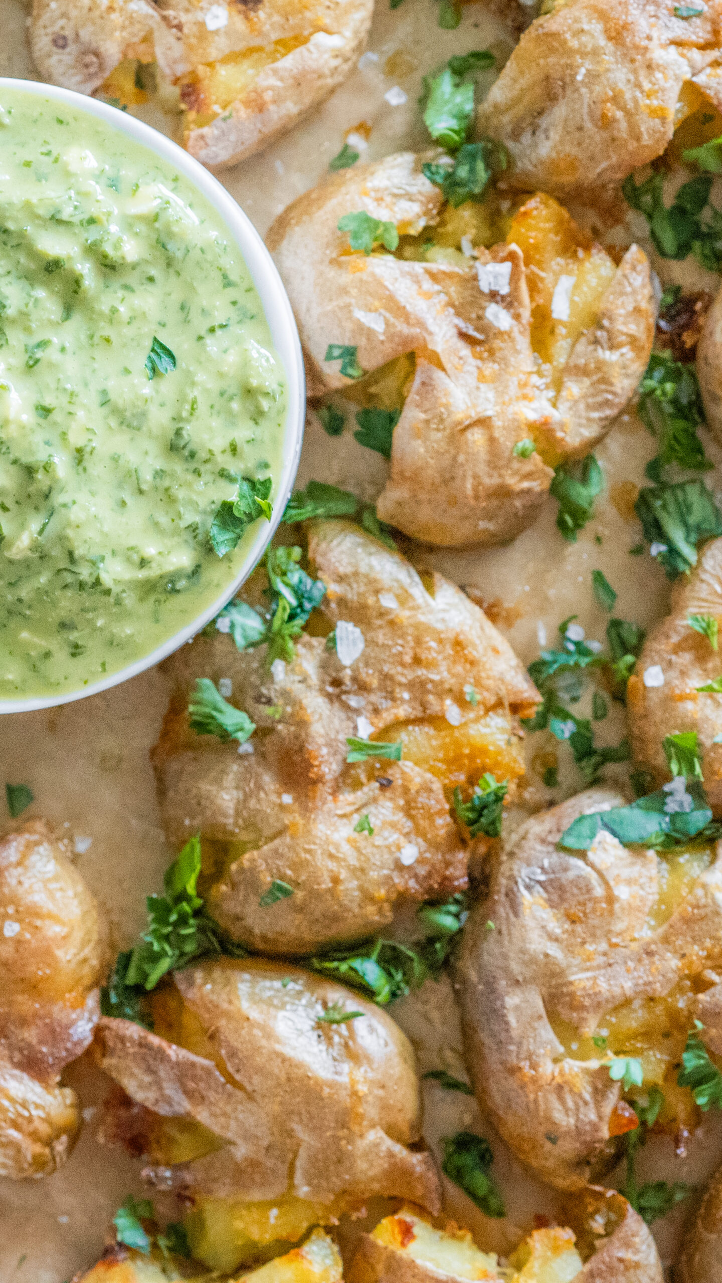 Smashed Potatoes with Pesto Aioli