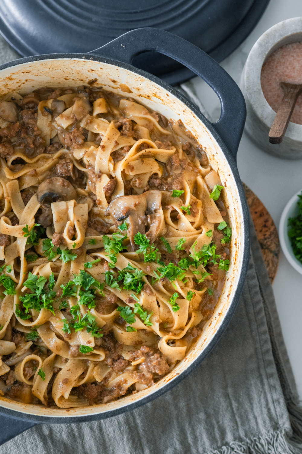 Hearty beef stroganoff in a pot on the table.