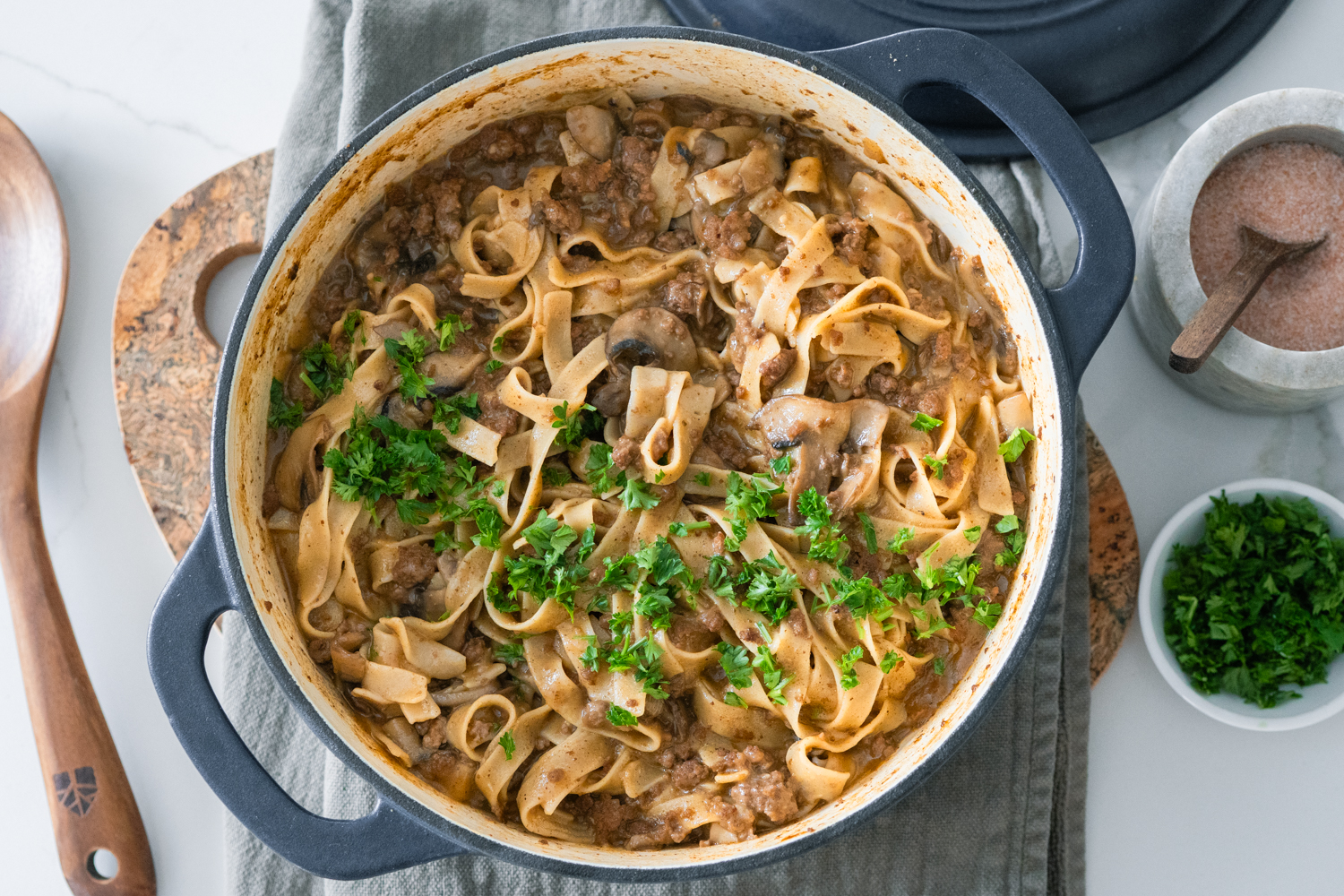 Heart Beef Stroganoff in a pot on the table.
