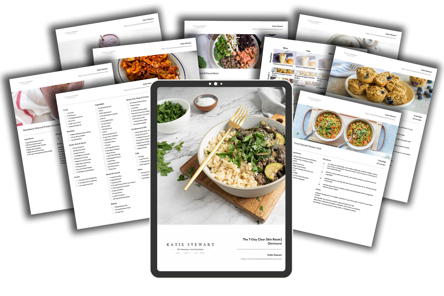 The 7-Day Clear Skin Reset Meal Plan shown on a tablet alongside printed recipe and grocery-list pages