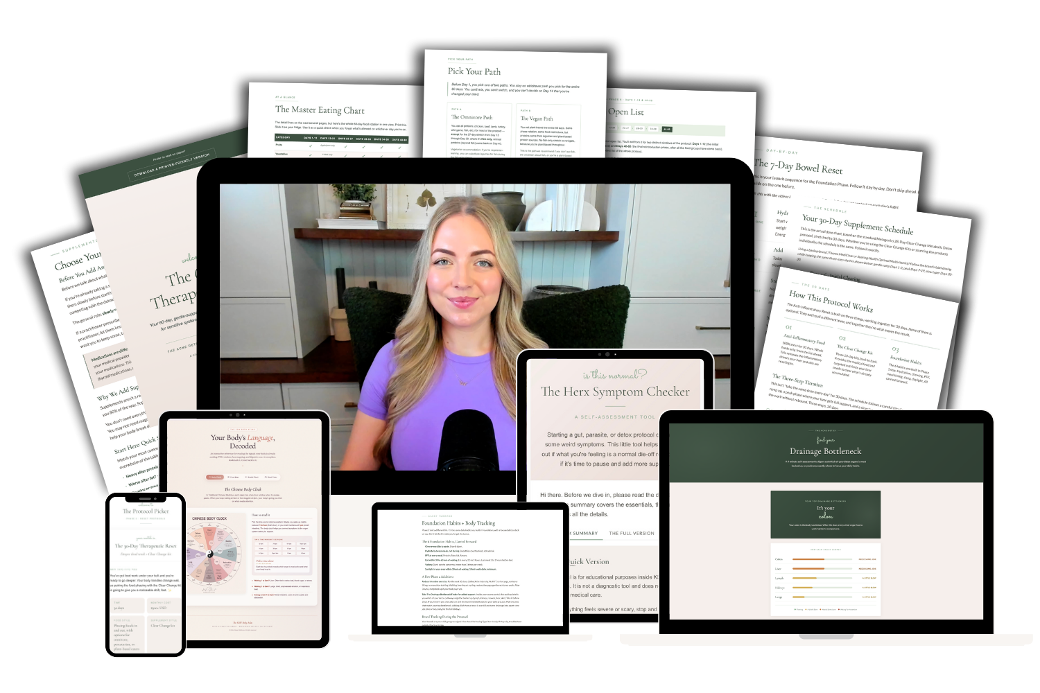 The Acne Detox program shown across laptop, tablet, and phone: lesson videos, eating charts, the Protocol Picker, Drainage Bottleneck Finder, body atlas, and reset protocols