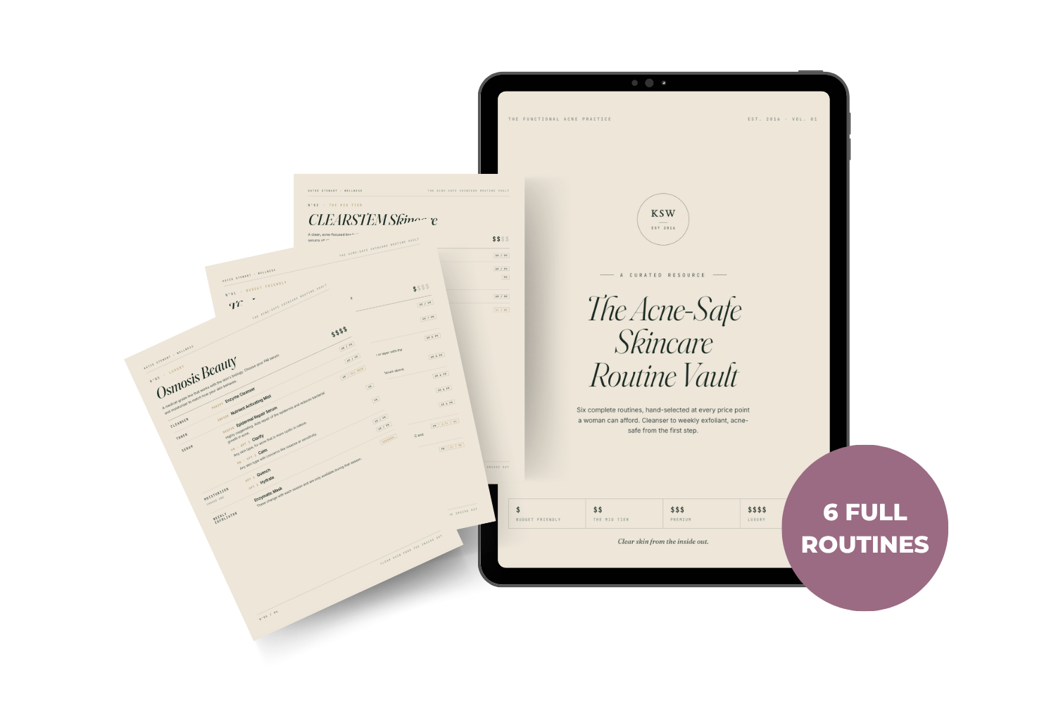 The Acne-Safe Skincare Routine Vault shown on a tablet with routine pages