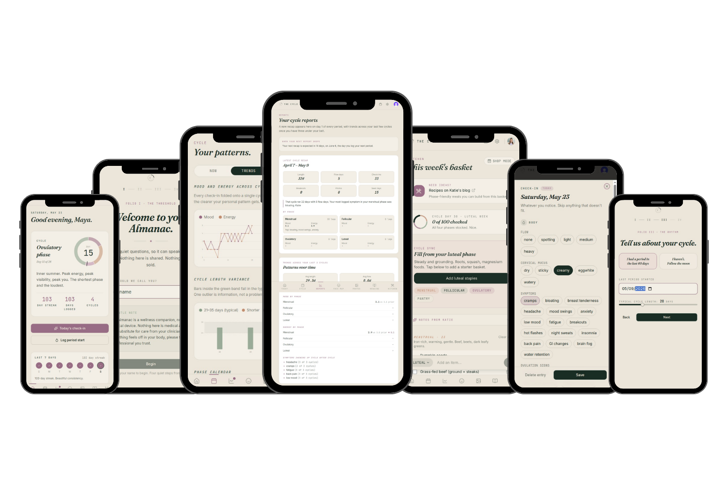 Multiple Cycle Almanac screens showing reports, tracker, and check-in
