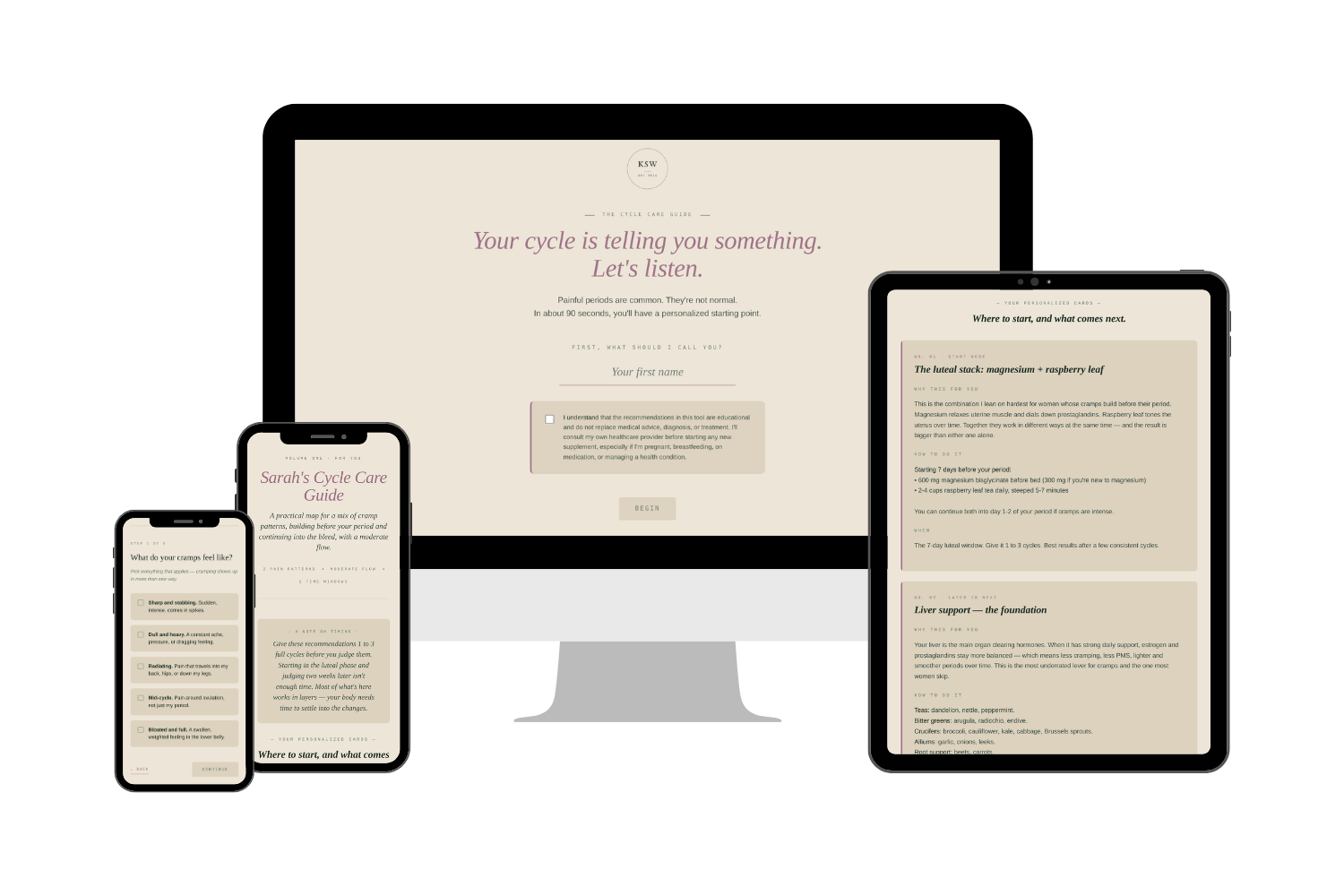 The Cycle Care Guide shown on phone, laptop, and tablet