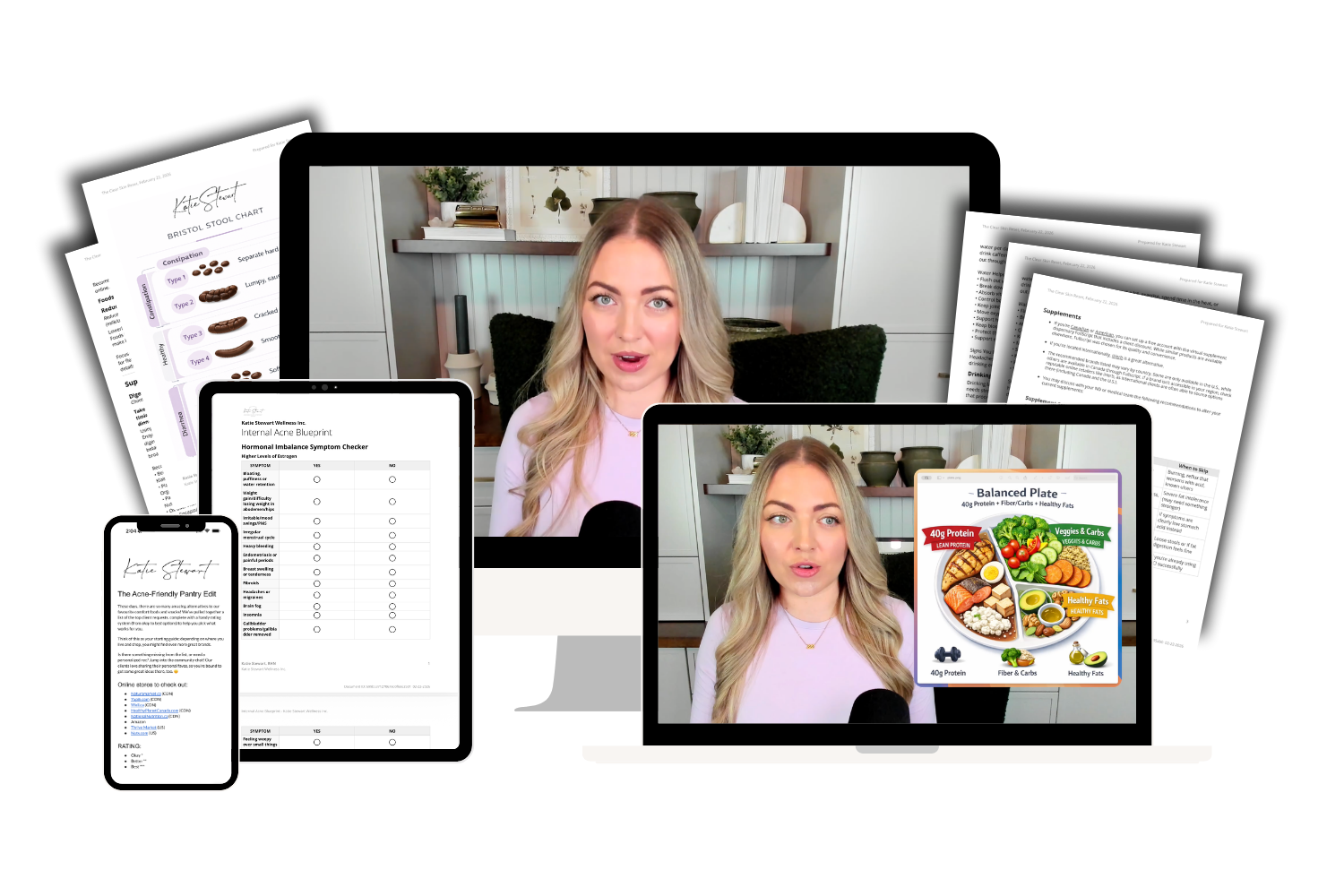 Clearer Skin in 30 Days course shown across laptop, tablet, and phone with printable guides