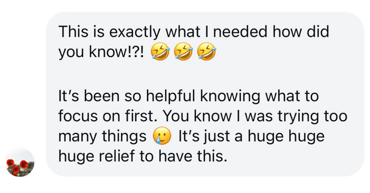 Client message: this is exactly what I needed, it's been so helpful knowing what to focus on first