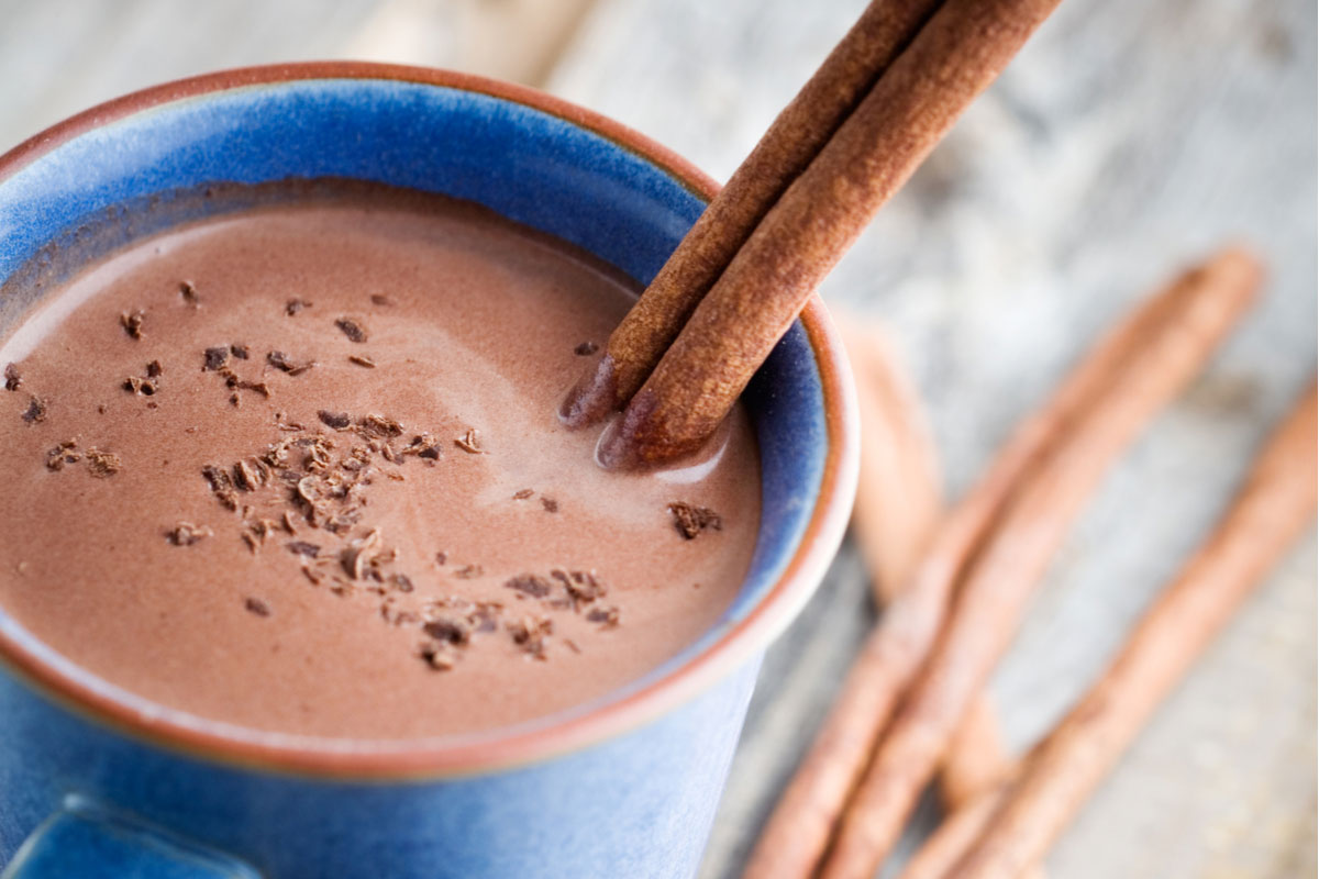 Healthy hot chocolate made with dairy-free milk and raw cacao powder. 