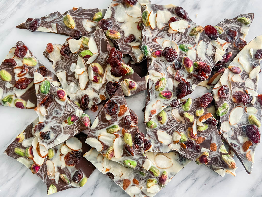 Chocolate bark with dried cranberries, pistachios and sliced almonds.