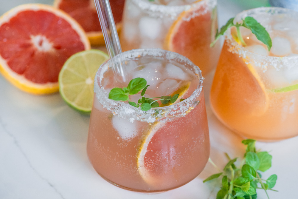 Paloma mocktail with honey mint simple syrup