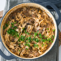 Heart Beef Stroganoff in a pot on the table.